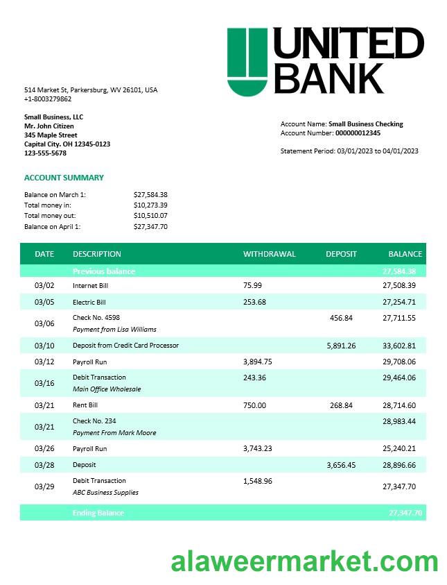 United Bank enterprise account statement Word and PDF template